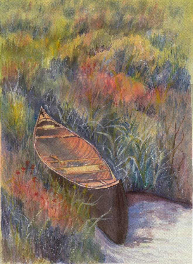 Canoe in the marshal. Autumn scenery