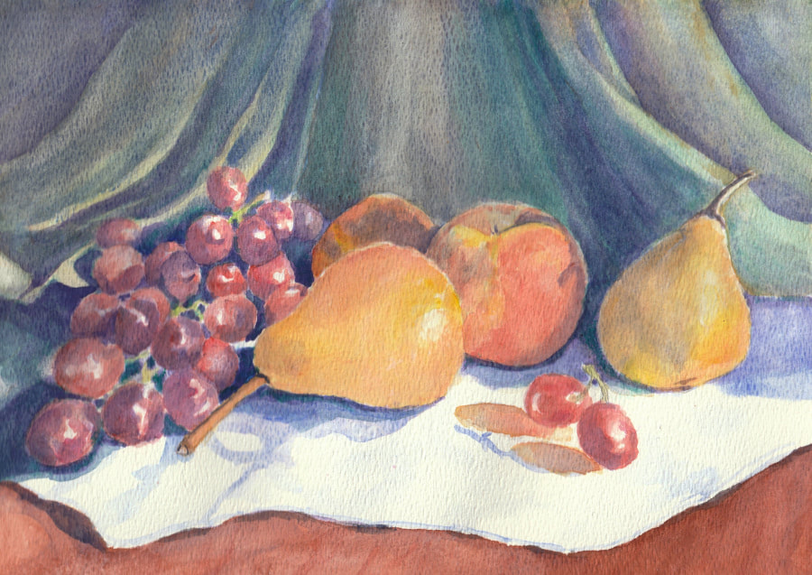 grapes, pears, peaches and drapes in watercolor painting