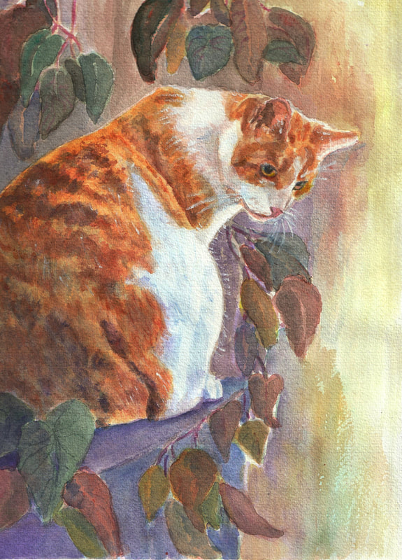 Ginger orange cat in watercolor painting