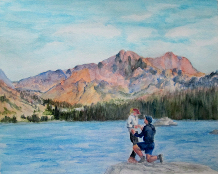 Proposal in front of lake and mountains