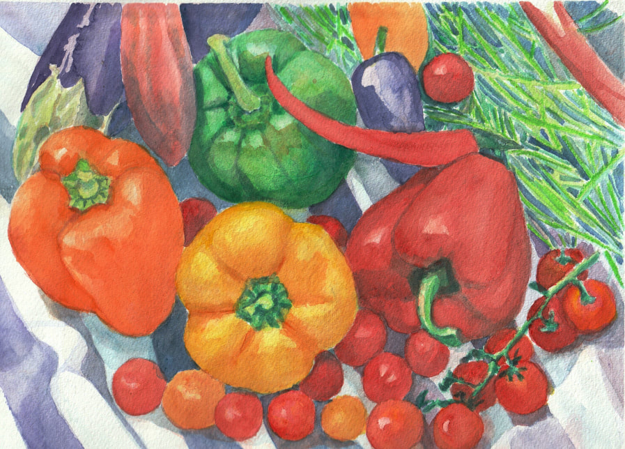 peppers, eggplant, green beans and cherries tomatoes in watercolor