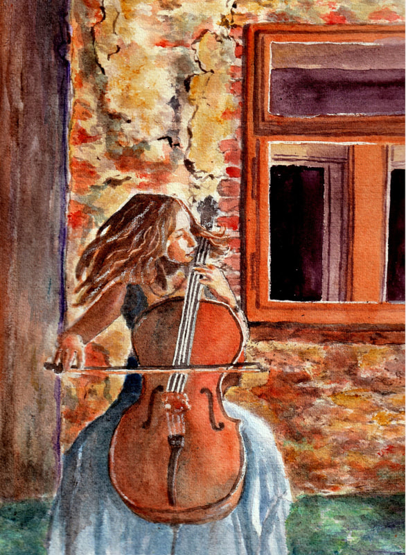watercolor portrait of a girl playing cello outside
