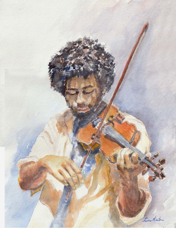 Watercolor painting of a violinist by Lucie Mizutani