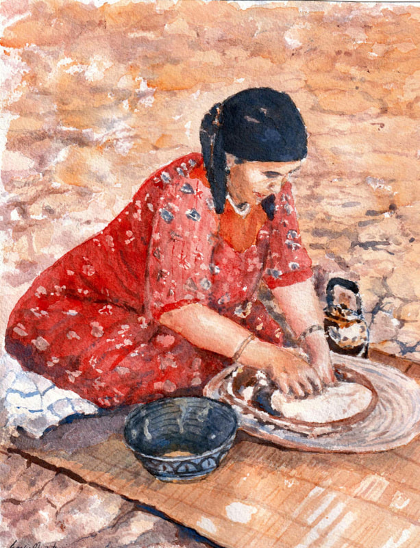 Watercolor portrait of a Morocco woman making bread