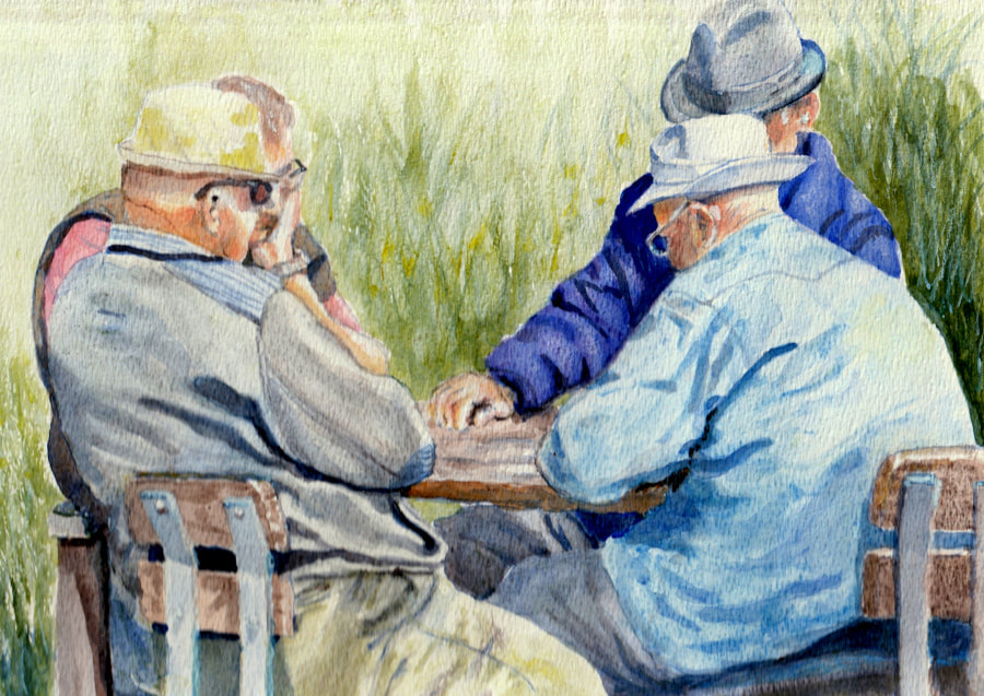 watercolor portrait of pensioners playing board game outside
