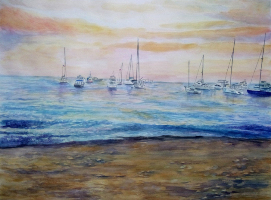 Boats on ocean in watercolor