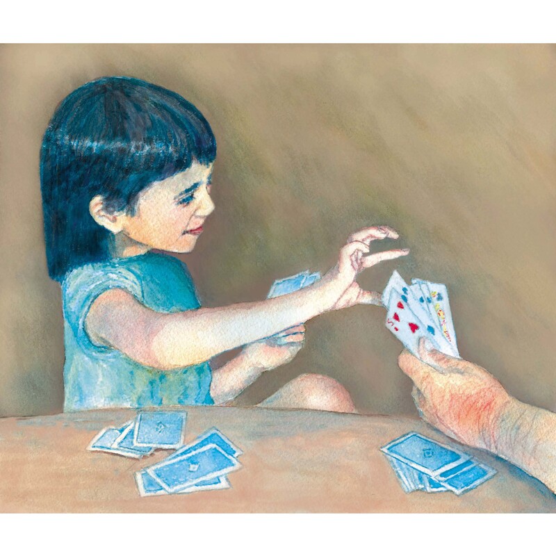 Young girl playing card game, picking a card.