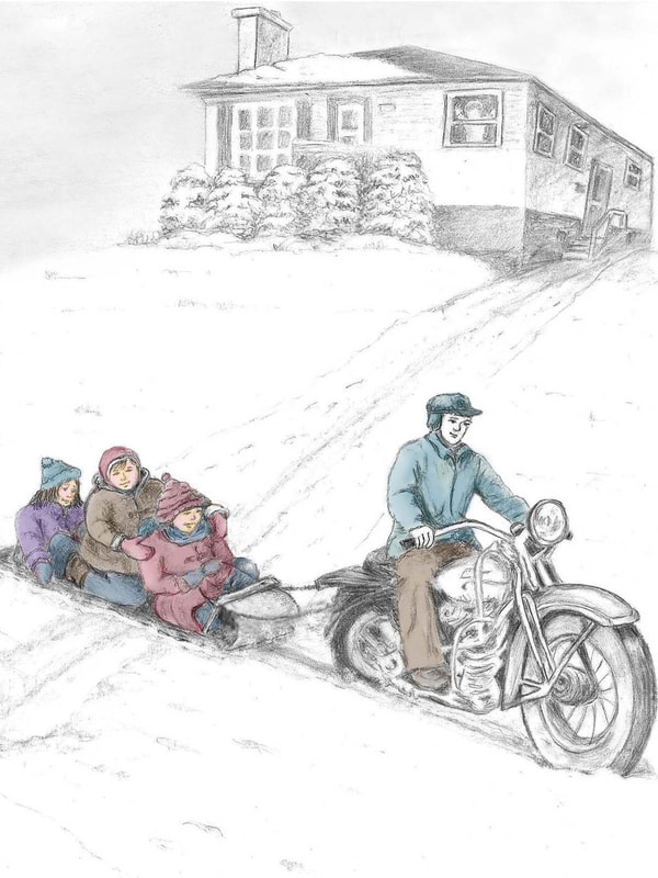 man in motocycle pulling kids on the sled in the street