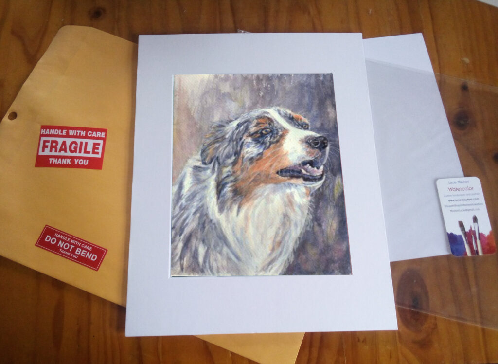 Australian Shepard dog art print inside white mat 