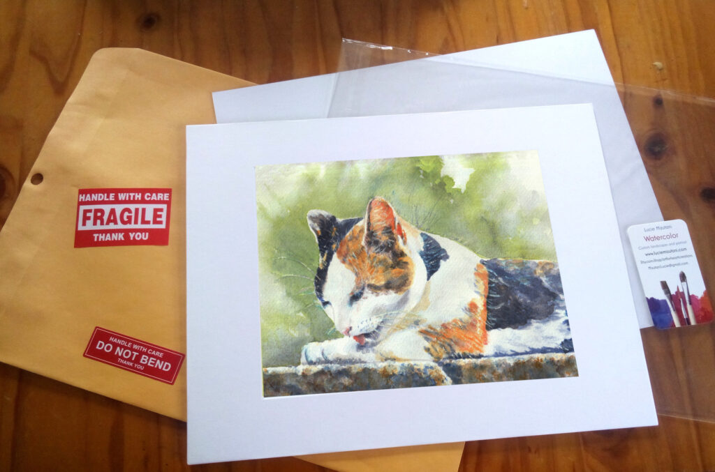 Calico cat art print inside white mat